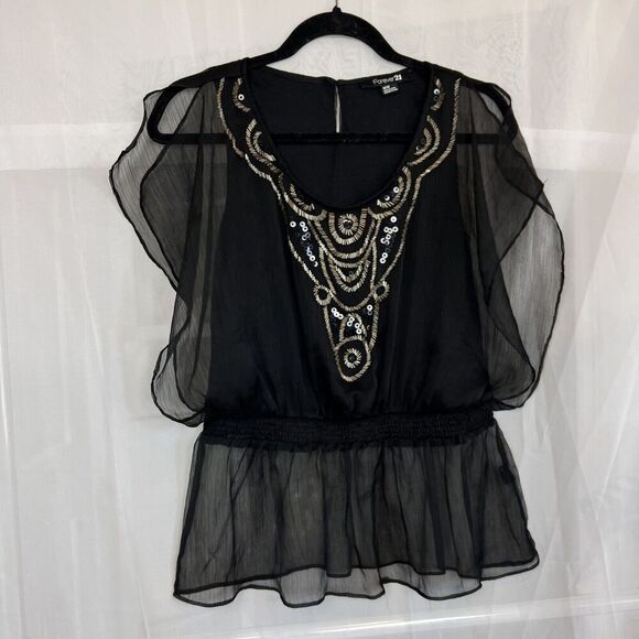 vintage y2k Forever 21 boho chiffon blouse Md embellished beaded whimsygoth - Picture 6 of 7